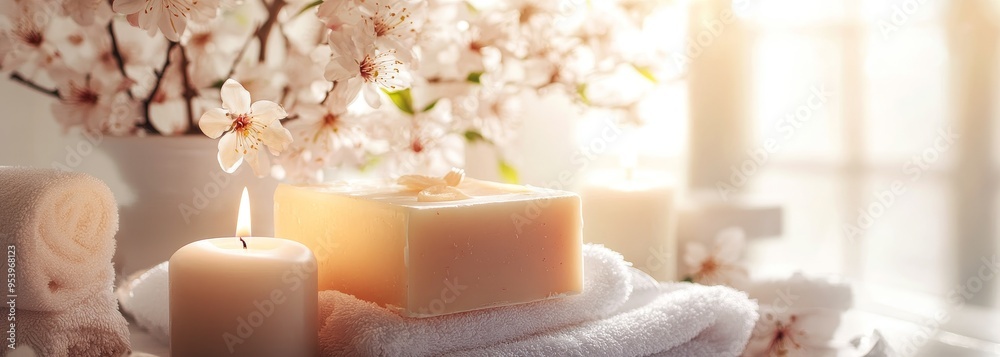 Handmade soap with candles and lily bloom in bathroom composition background 