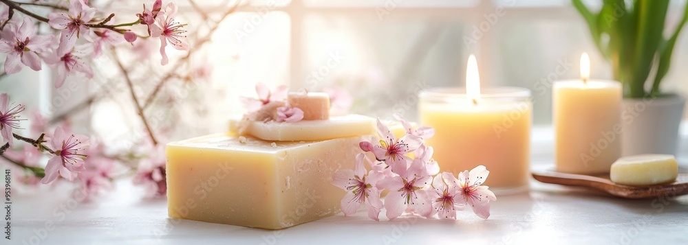 Handmade soap with candles and lily bloom in bathroom composition background 