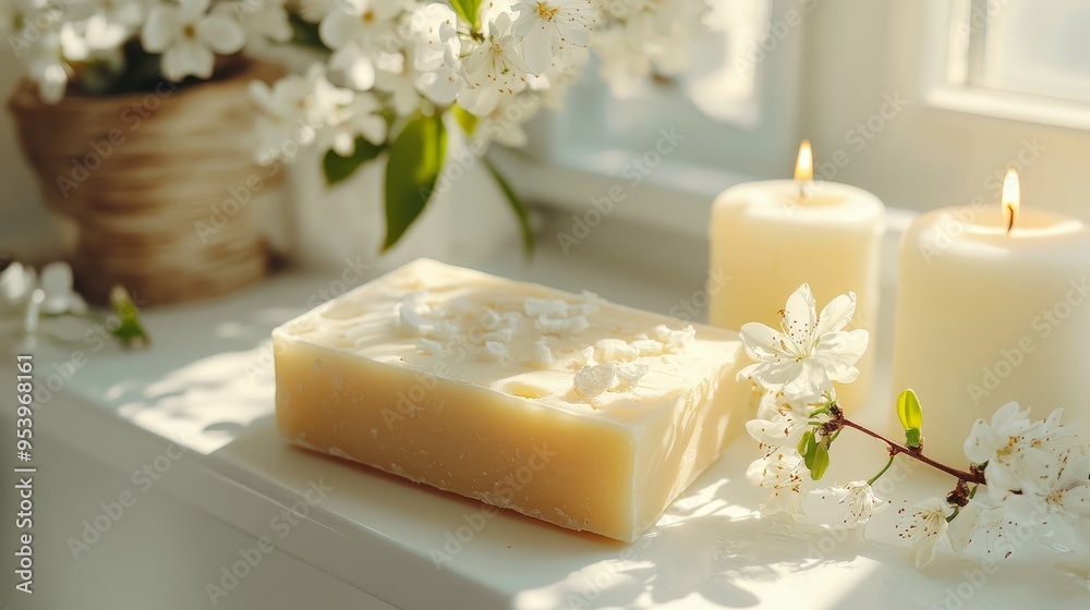 Handmade soap with candles and lily bloom in bathroom composition background 