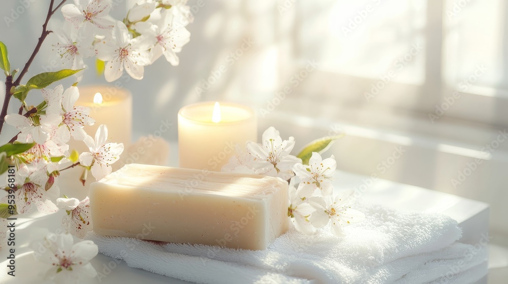 Handmade soap with candles and lily bloom in bathroom composition background Handmade soap with candles and lily bloom in bathroom composition background
