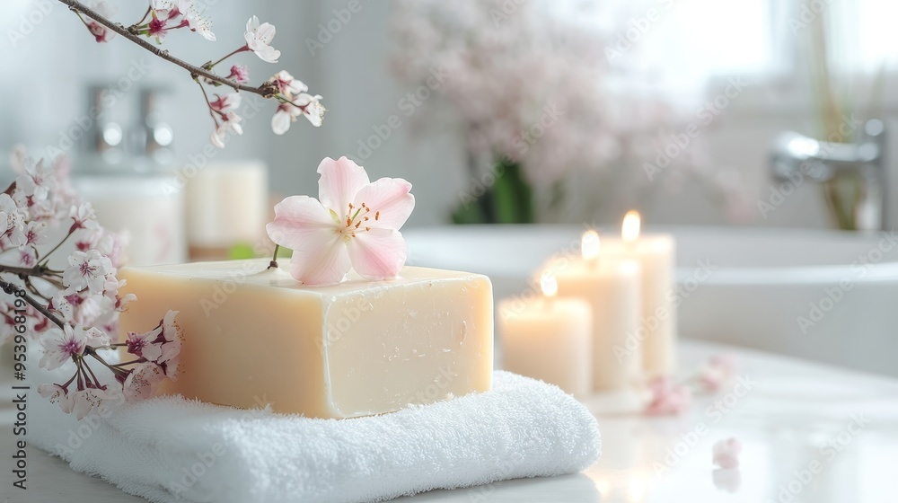 Handmade soap with candles and lily bloom in bathroom composition background Handmade soap with candles and lily bloom in bathroom composition background