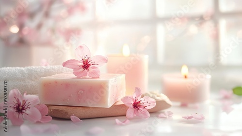 Handmade soap with candles and lily bloom in bathroom composition background 