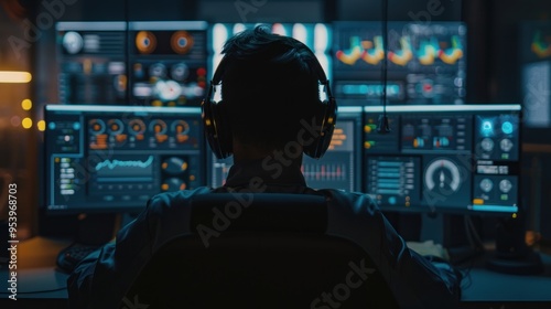 A Man in a Dark Room with Multiple Computer Monitors