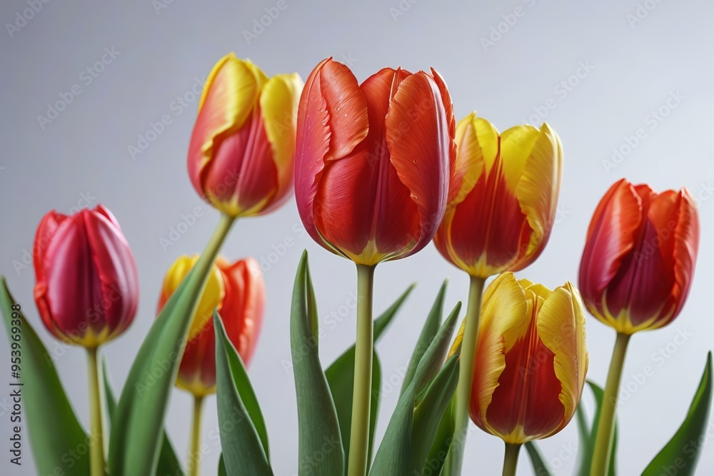 there are many different colored tulips in a vase                            