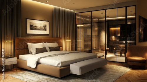Stylish hotel bedroom interior with sofa and bed, glass partition, Generative Ai