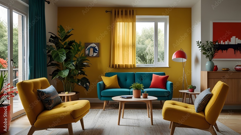 A sunlit living room Scandinavian design with a mix of bright multicolored furniture. The space a mustard yellow sofa, a teal armchair, and a vibrant red accent chair oak wood abstract wall art A sunlit living room Scandinavian design with a mix of bright multicolored furniture. The space a mustard yellow sofa, a teal armchair, and a vibrant red accent chair oak wood abstract wall art