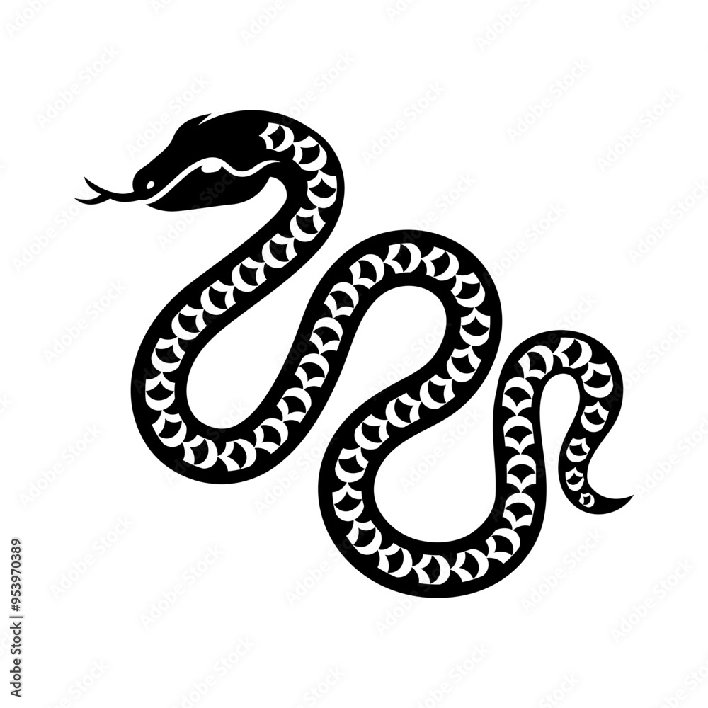 Obraz premium Traditional Chinese Snake black silhouette icon isolated on white background. Vector illustration. Astrology China lunar calendar animal for 2025 Happy New year. Asian style tattoo template