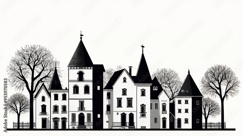 silhouette of building facade, black and white line drawing illustration of old houses scheme in white background silhouette of building facade, black and white line drawing illustration of old houses scheme in white background