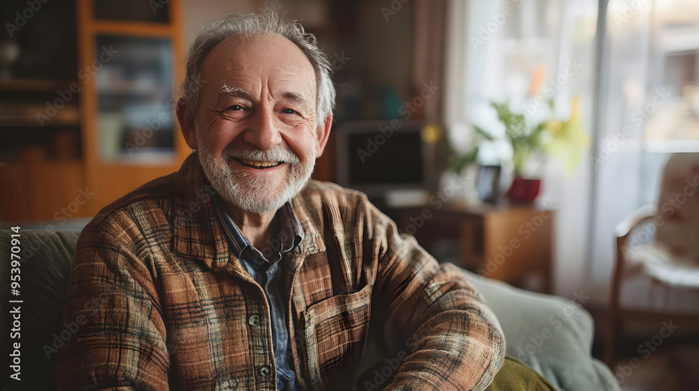 Gentle Man Warmly Smiles in Cozy Living Room Gentle Man Warmly Smiles in Cozy Living Room