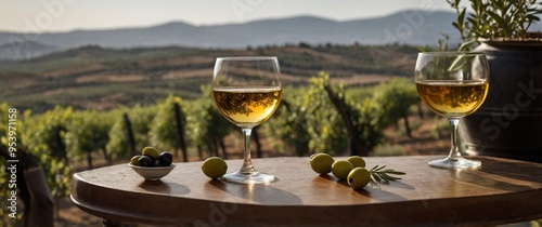 Sherry Glass with Olives and Andalusian Vineyard View