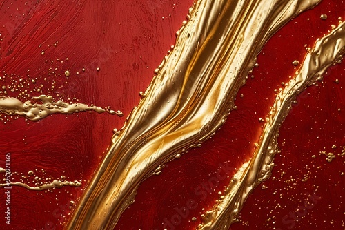 a close up of a red and gold painting with a wave                          photo