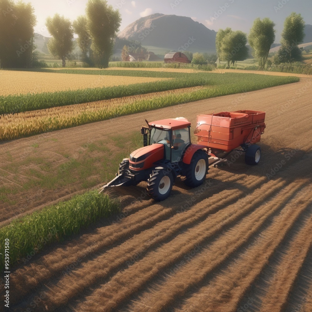 Fototapeta premium **Harvesting Harmony: Tractor's Dance Amidst Golden Fields**