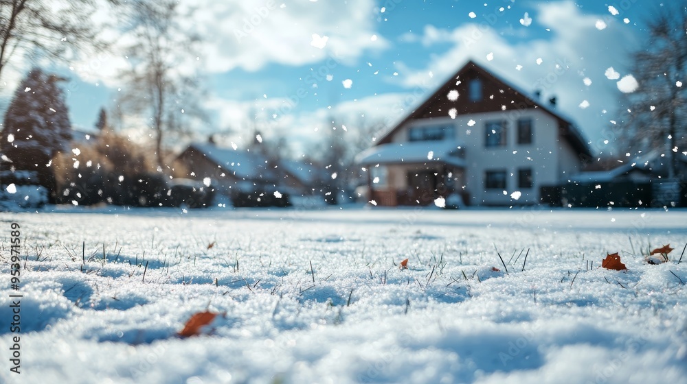 Snow on lawn snow laying on lawn house composition background Snow on lawn snow laying on lawn house composition background