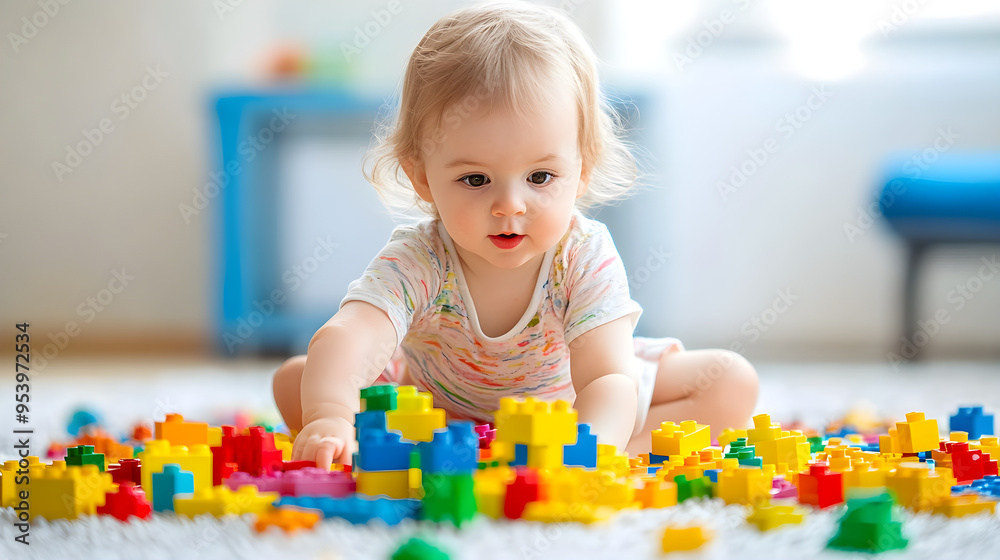 Toddler builds colorful creation with imagination