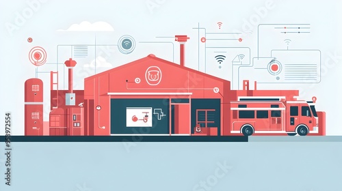 A graphic depicting the of IoT technology to enhance safety protocols within fire stations The image showcases the various components of an IoT enabled system including sensors data analytics