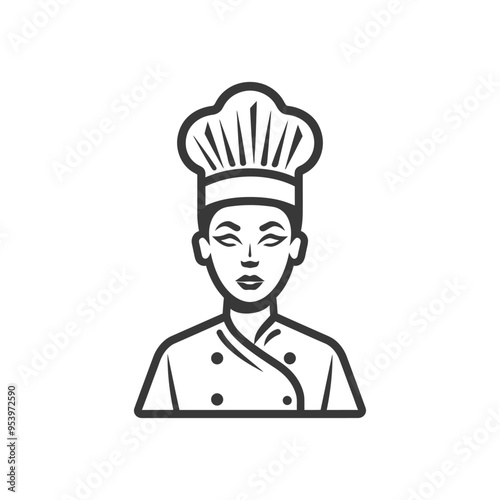 Black and White Line Drawing of a Female Chef