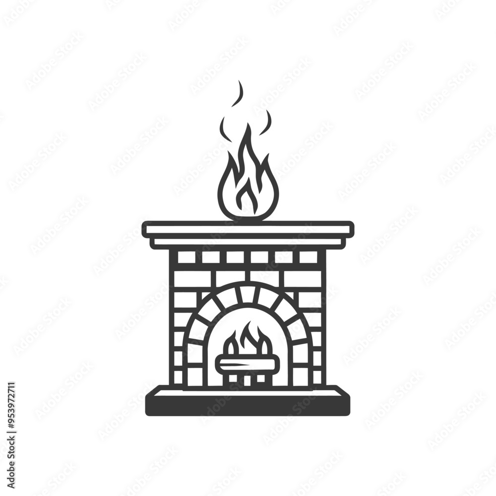 Black and white line drawing of a fireplace with flames Black and white line drawing of a fireplace with flames