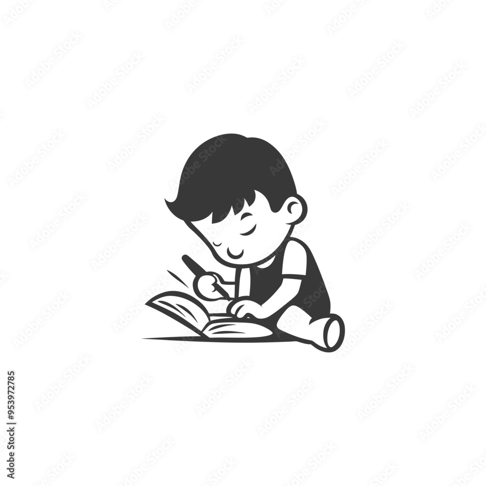 A young boy sitting on the floor writing in a book A young boy sitting on the floor writing in a book