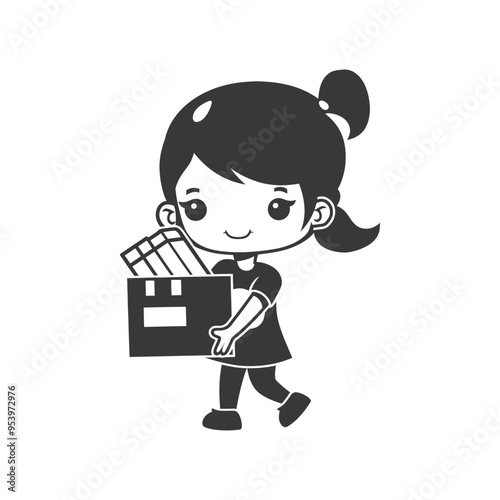 A young girl with a ponytail is carrying a box with items inside