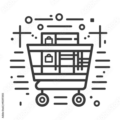 Black and White Line Art Illustration of a Shopping Cart