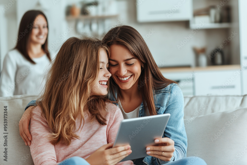 Two women, likely mother and daughter, are smiling and looking at a tablet Two women, likely mother and daughter, are smiling and looking at a tablet