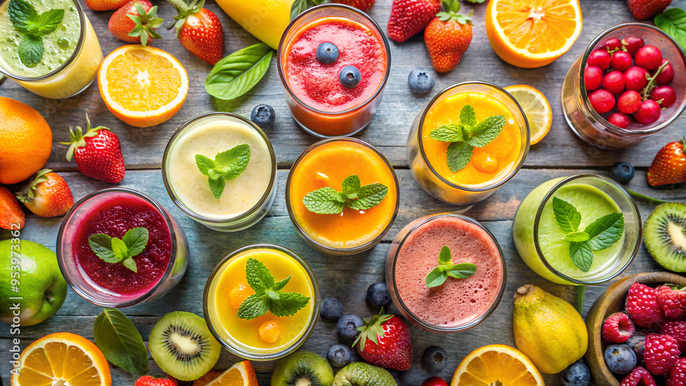 Various of Fruits Smoothie in glass isolated on background, flat lay view of summer drinks and beverages juice for refreshment. Various of Fruits Smoothie in glass isolated on background, flat lay view of summer drinks and beverages juice for refreshment.