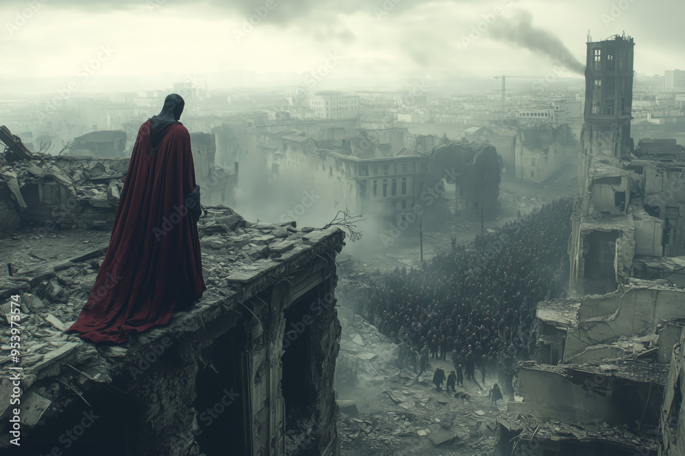 Dracula stands in the eerie ruins, surveying an army of vampires awaiting his command at dusk Dracula stands in the eerie ruins, surveying an army of vampires awaiting his command at dusk