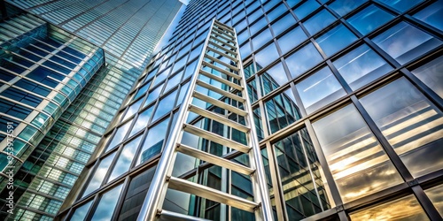 A shiny metal ladder leans against a corporate building, symbolizing professional growth and upward career mobility in