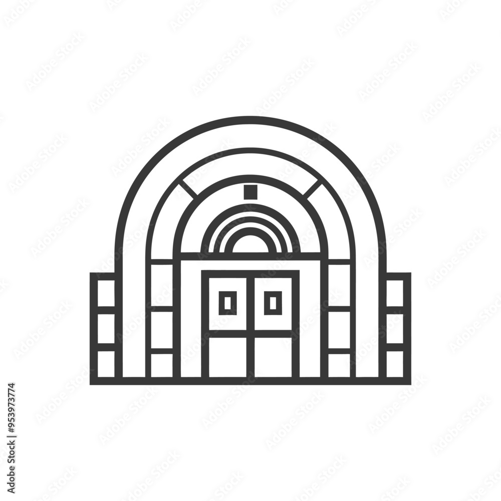 Obraz premium Black and white line drawing of a building with an arched entrance