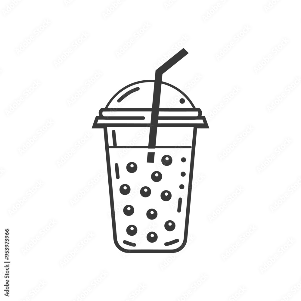 Black and White Line Drawing of a Cup of Boba Tea with a Straw Black and White Line Drawing of a Cup of Boba Tea with a Straw