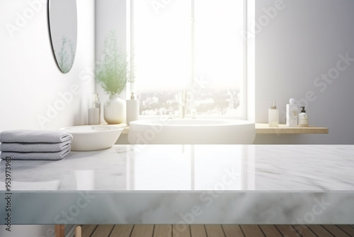 Empty marble table top with blurred bathroom interior background 