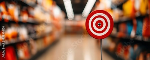 A vibrant red target sign stands in a grocery aisle, symbolizing focus among a blurred background of colorful products. photo