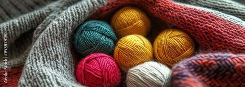 Wooly knit yarn balls composition background 