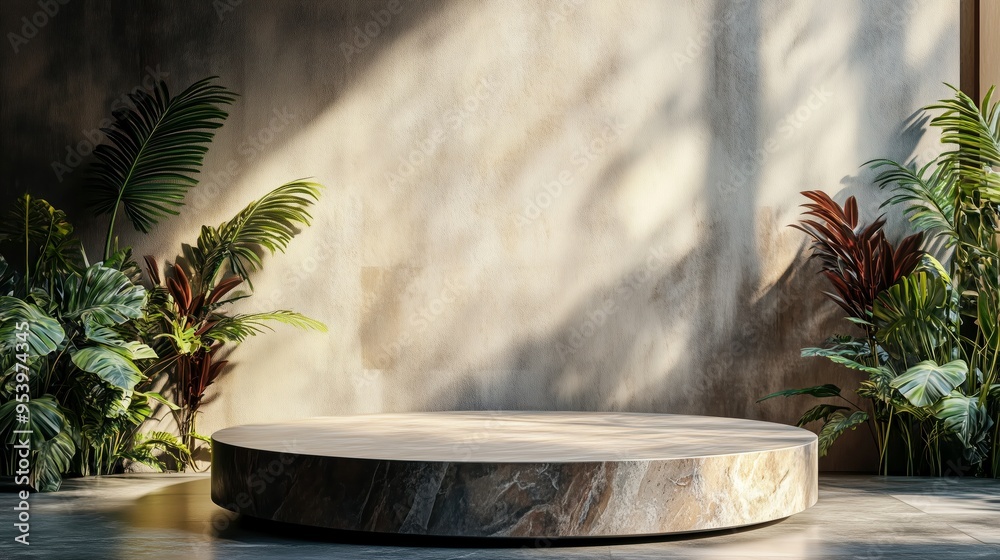 Wooden Podium Surrounded by Lush Greenery, Sunlight Streaming onto Minimalist Stage with Tropical Leaves, Earthy Tones and Natural Light in a Studio Setting Wooden Podium Surrounded by Lush Greenery, Sunlight Streaming onto Minimalist Stage with Tropical Leaves, Earthy Tones and Natural Light in a Studio Setting
