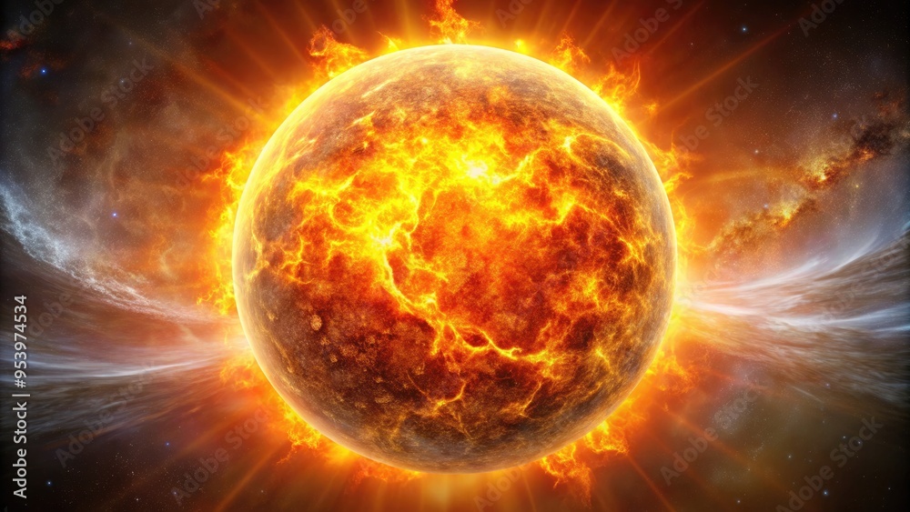 A fiery sun emitting intense heat and glowing energy. A fiery sun emitting intense heat and glowing energy.