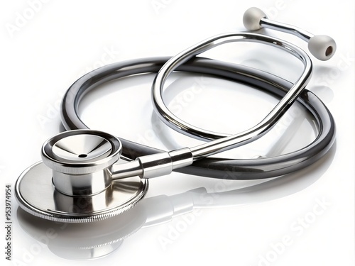 A silver stethoscope lies isolated on a white background, its chest piece and ear tips gleaming, with subtle photo