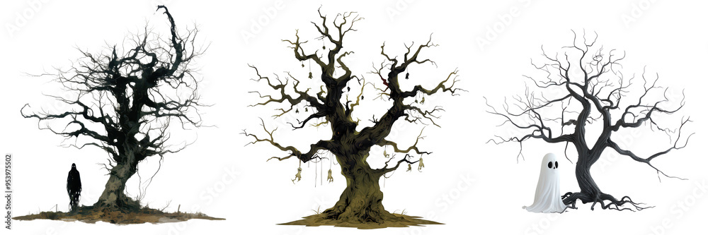 Fototapeta premium Spooky Halloween Trees with Ghosts and Shadows
