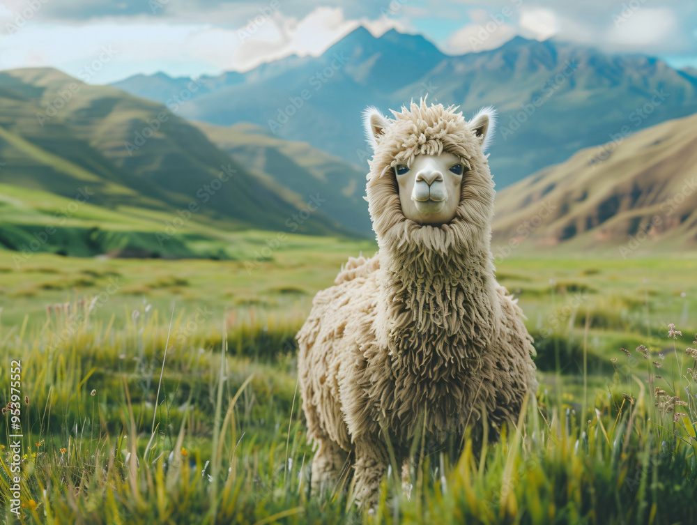 Fototapeta premium A close-up of a fluffy Alpaca standing in a lush, green meadow with the Andes mountains in the background, cinematic style, Compositing Core, 8k, detailed,