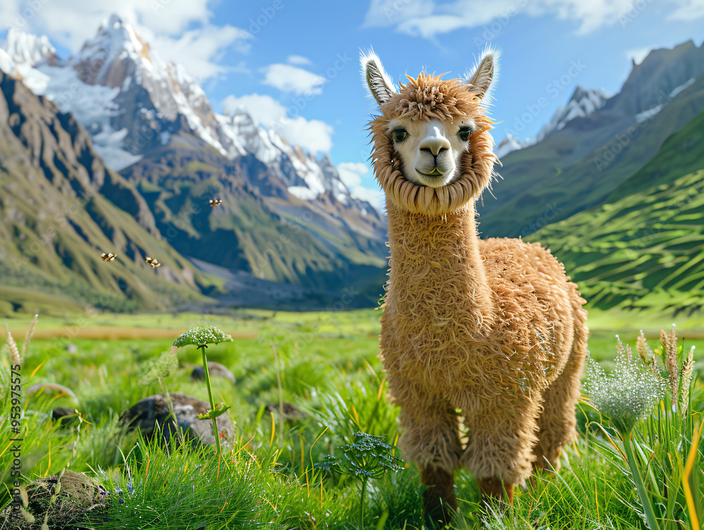 Fototapeta premium A close-up of a fluffy Alpaca standing in a lush, green meadow with the Andes mountains in the background, cinematic style, Compositing Core, 8k, detailed,