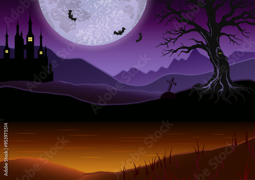 Horizontal halloween poster background with copy space. Foggy landscape with mountains, glowing swamp, old castle, house, tree, big moon. Otherworldly, mystical illustration.