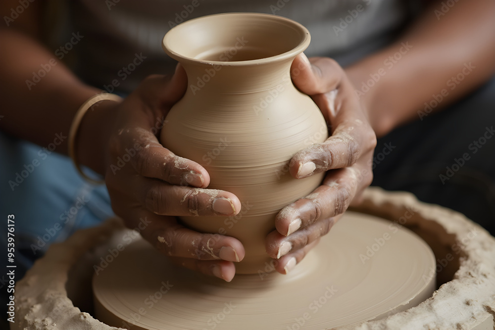 Hands creating ceramic handcrafts, ceramist molding jar or vase cup.Process of making clay pot on pottery wheel Hands creating ceramic handcrafts, ceramist molding jar or vase cup.Process of making clay pot on pottery wheel