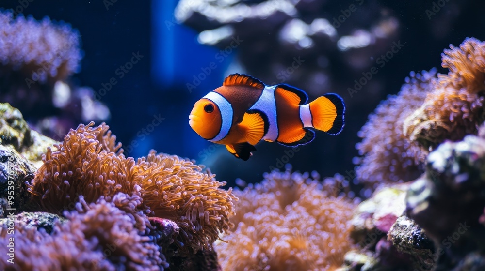 Fototapeta premium Colorful clownfish swimming through vibrant coral reef in a marine aquarium setting during daylight hours