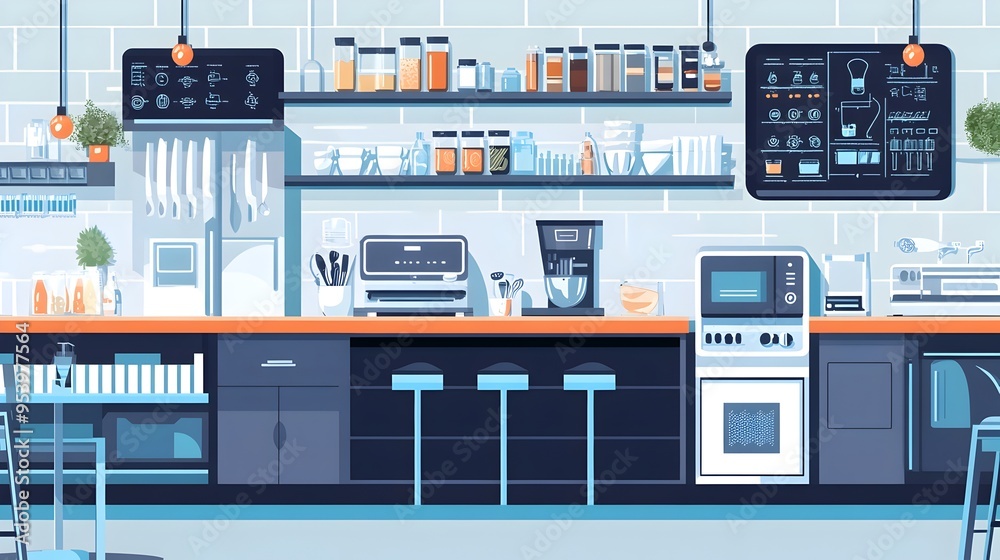 Graphic of IoT Enabled Smart Kitchen Appliances and Devices in a Modern Clean Restaurant Interior Graphic of IoT Enabled Smart Kitchen Appliances and Devices in a Modern Clean Restaurant Interior
