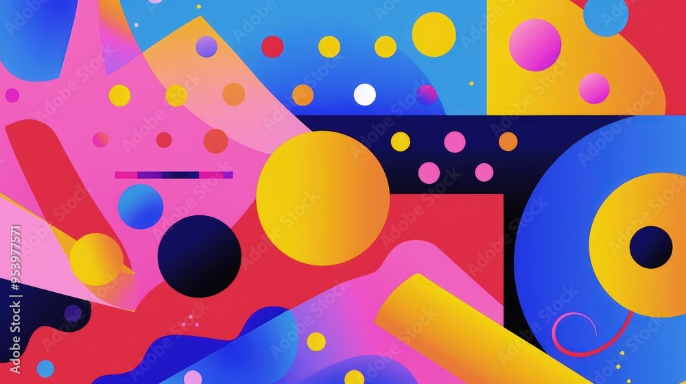 A vibrant abstract composition featuring geometric shapes and bold colors, creating a dynamic visual experience.