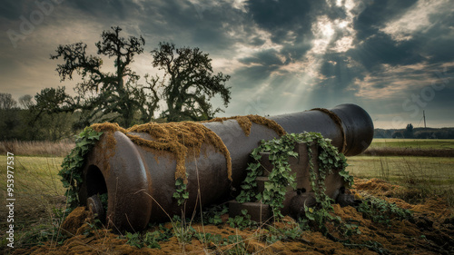  Rusty old cannon partially buried and covered with ivy in a scenic countryside setting, surrounded by overgrown plants and trees under a cloudy sky with sunlight.