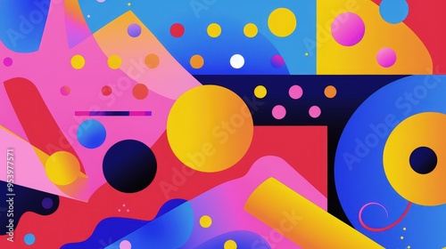 A vibrant abstract composition featuring geometric shapes and bold colors, creating a dynamic visual experience.