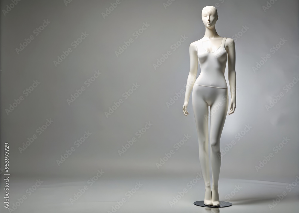 A sleek, headless white mannequin stands against a clean, light-gray background, its smooth, realistic body showcasing A sleek, headless white mannequin stands against a clean, light-gray background, its smooth, realistic body showcasing