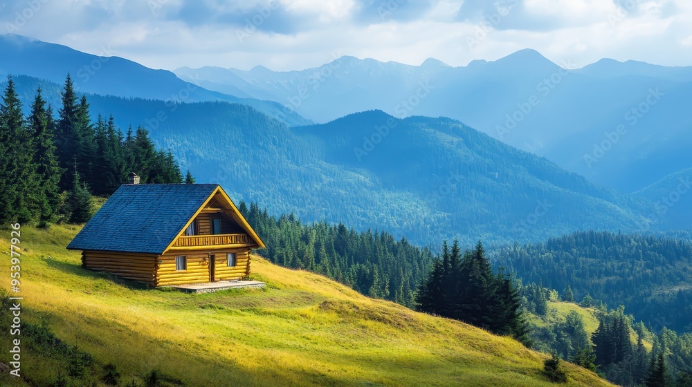 Scenic mountain cabin in summer with lush green hills and blue sky, surrounded by nature, ideal for retreats and hiking adventures. Scenic mountain cabin in summer with lush green hills and blue sky, surrounded by nature, ideal for retreats and hiking adventures.