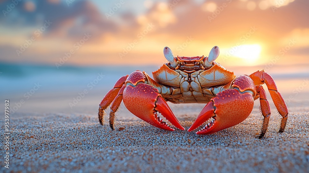 Red crab on sandy beach at sunset by the ocean