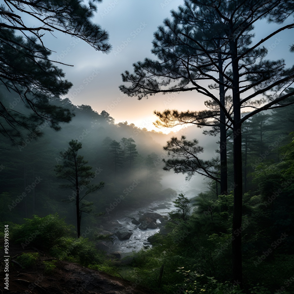 Obraz premium a river running through a forest with tree.